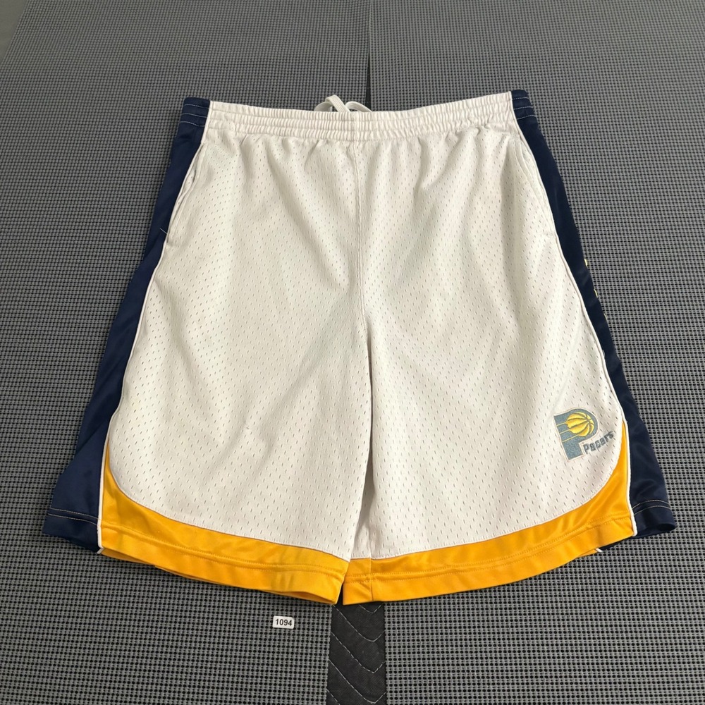 NBA Indiana Pacers Basketball Shorts Mens Large White Navy Yellow Mesh Athletic - Picture 1 of 7